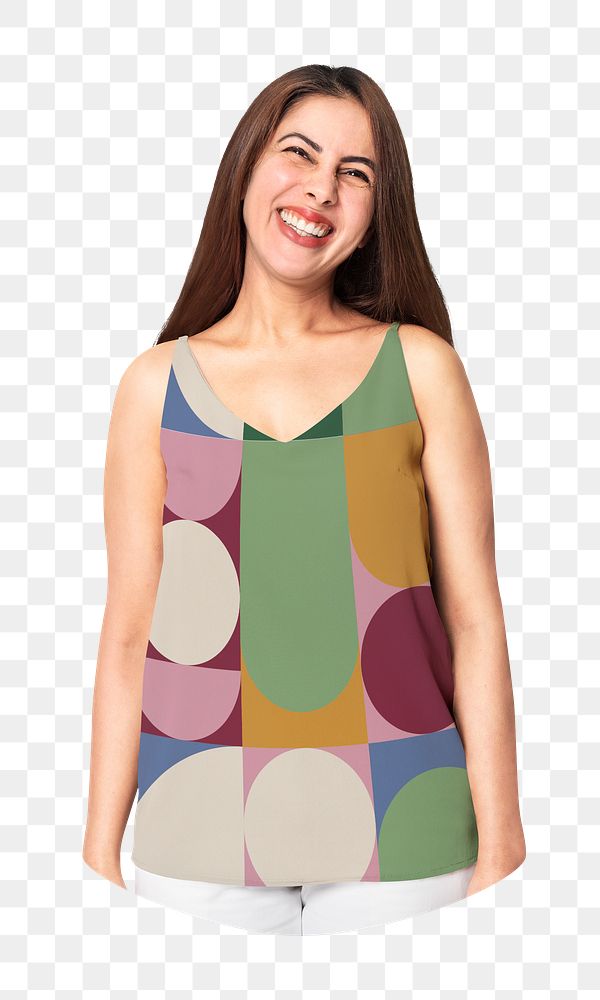 Png woman in patterned top sticker, transparent background