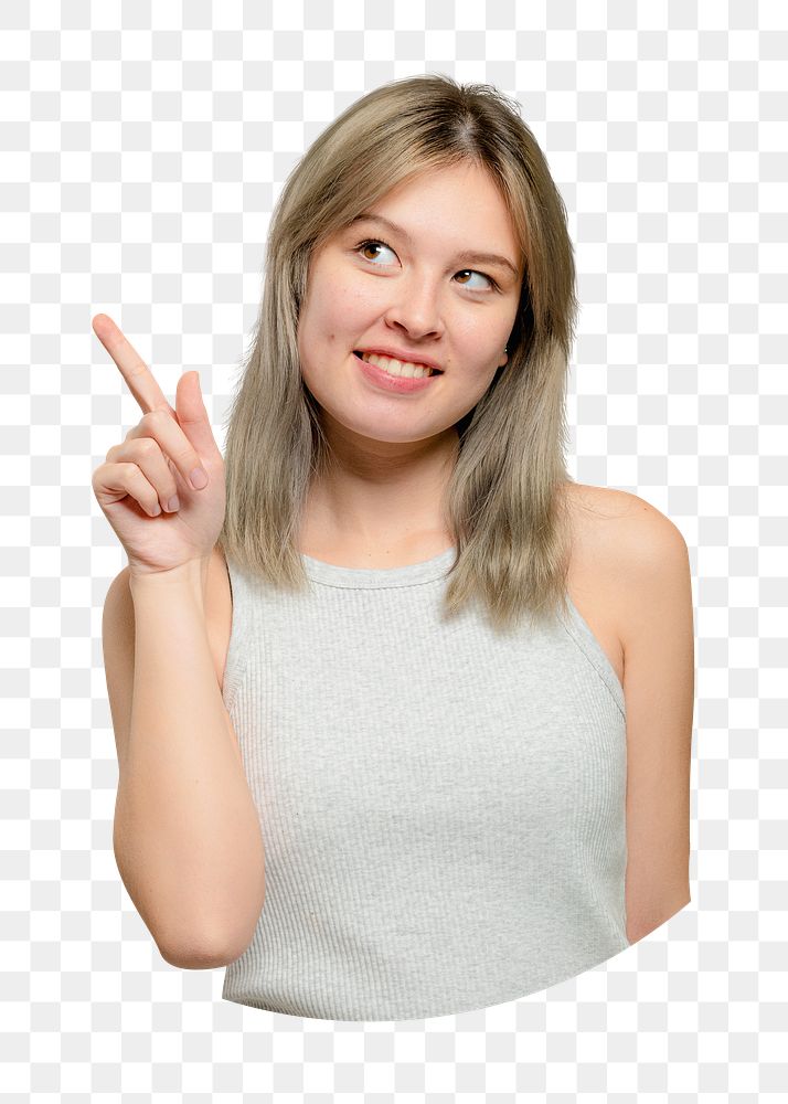 Png woman pointing left sticker, transparent background