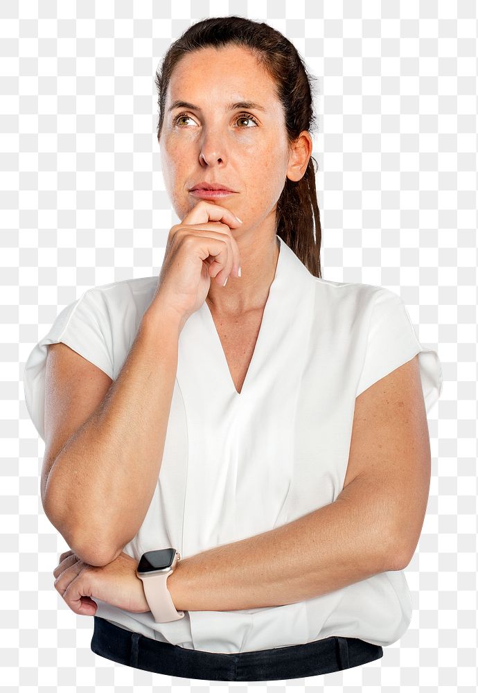 Businesswoman thinking png sticker, transparent background