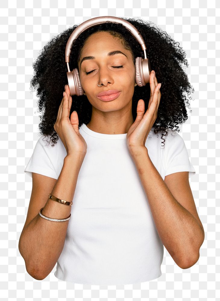 Png woman with headphones sticker, transparent background