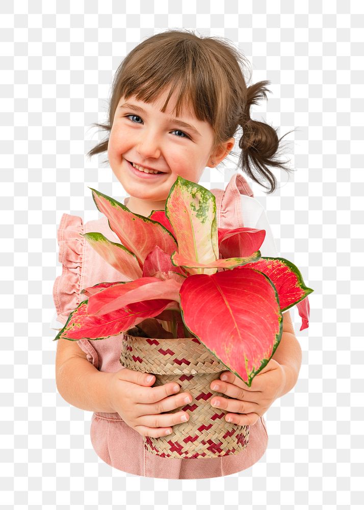 Png child with plant sticker, transparent background