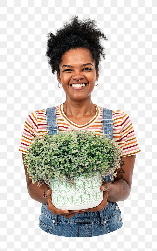 Png African American plant lady sticker, transparent background