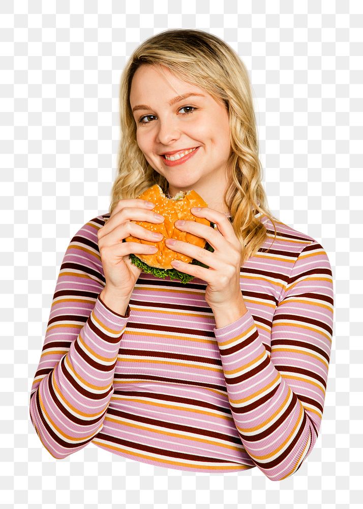Eating hamburger png sticker, transparent background