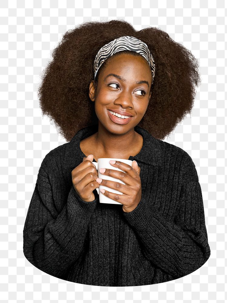 Png woman drinking coffee sticker, transparent background