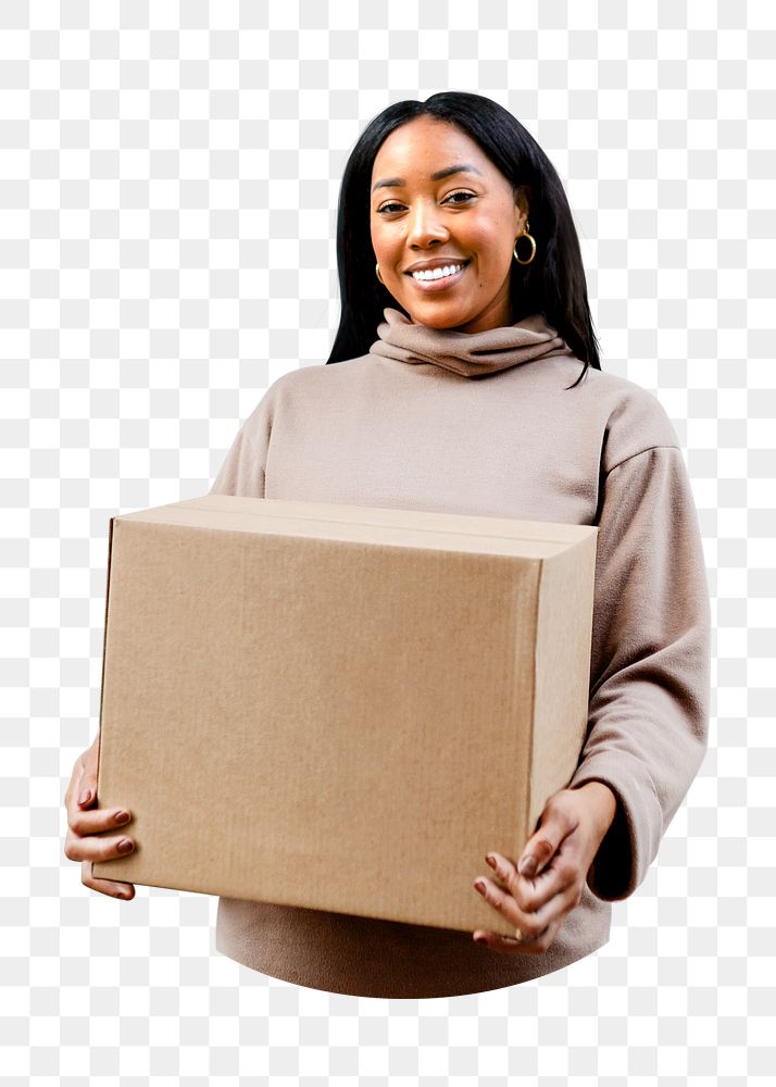 Woman png carrying package, transparent background