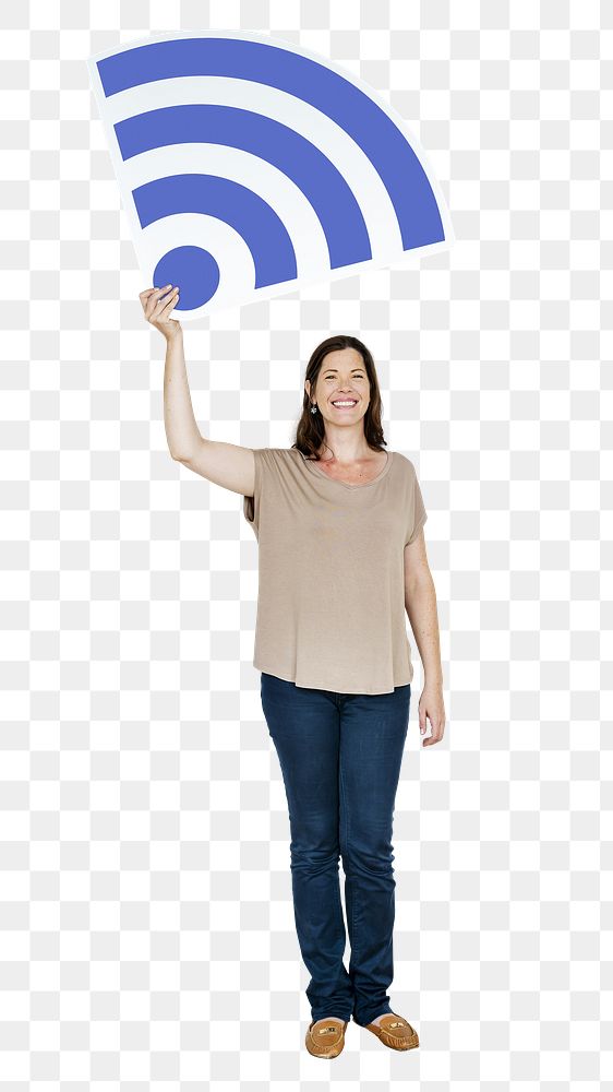Woman holding wifi png sticker, transparent background