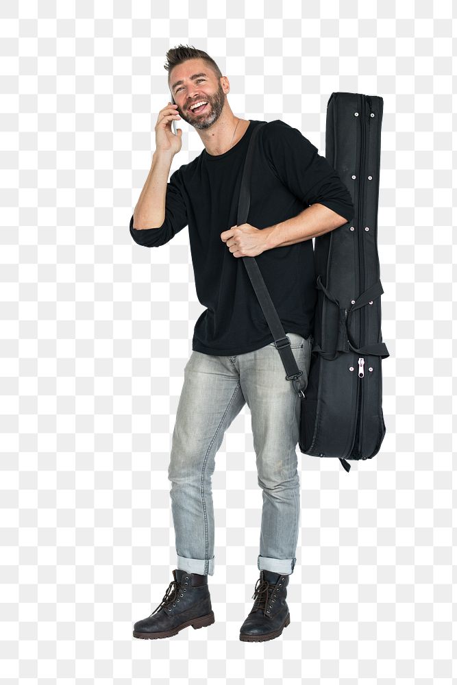 Male guitarist on phone call png sticker, transparent background