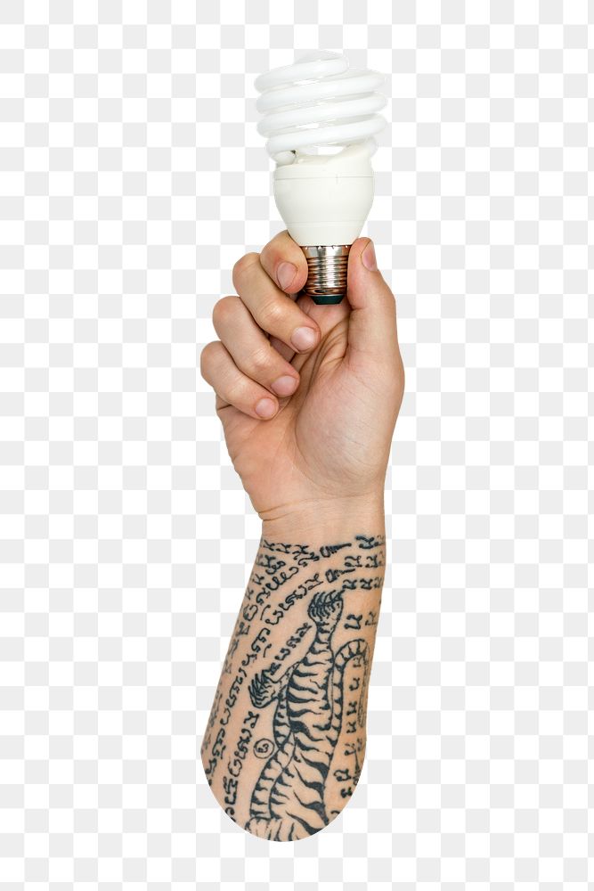 Hand holding light bulb png sticker, transparent background