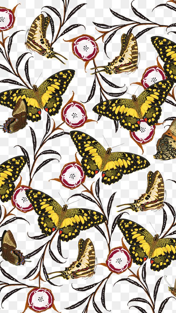 Vintage butterfly png botanical pattern, transparent background, remixed from the artwork of E.A. S&eacute;guy