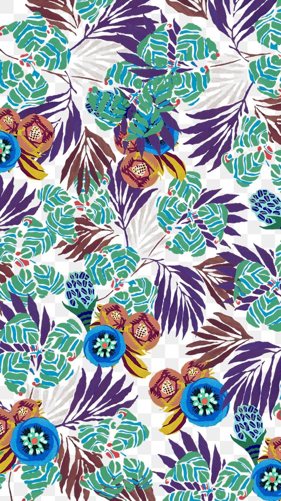 Vintage exotic flower png pattern, transparent background, remixed from the artwork of E.A. Séguy