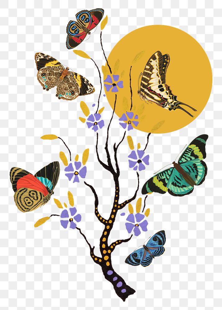 Botanical butterfly png sticker, tree branch remix on transparent background