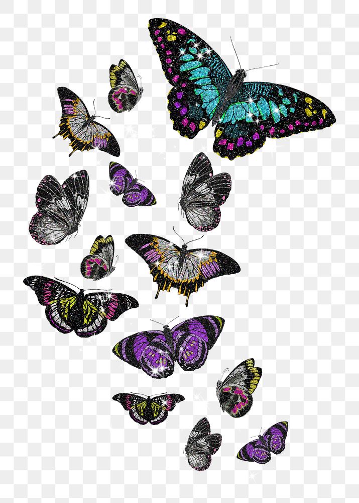 Sparkly flying butterflies png sticker, aesthetic graphic on transparent background