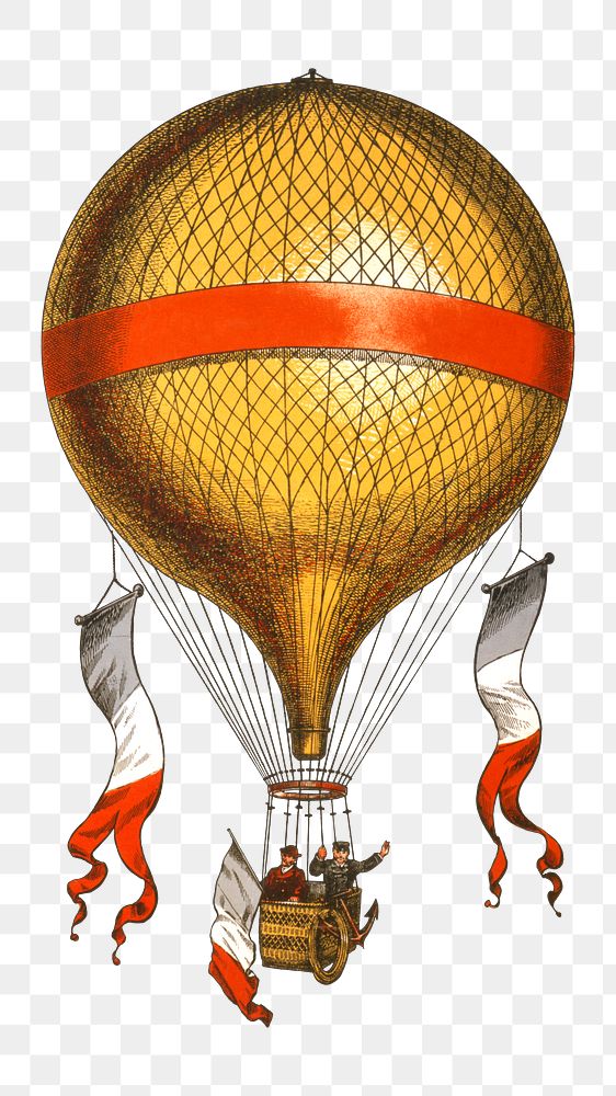 Hot air balloon png with men riding in the basket on transparent background.  Remastered by rawpixel