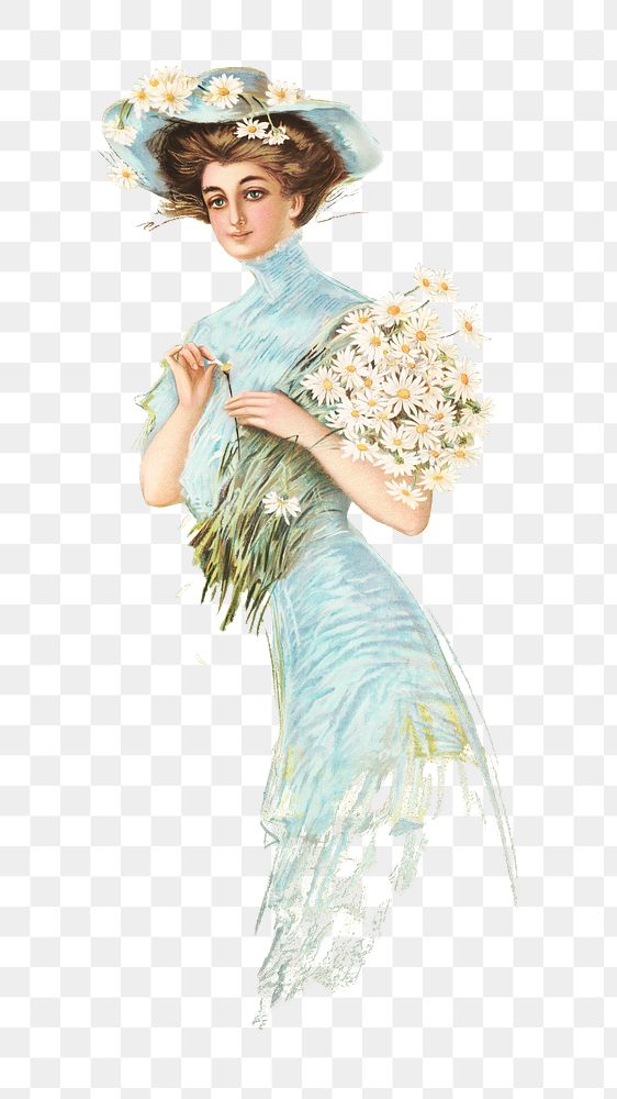 Woman png holding daisy bouquet on transparent background.   Remastered by rawpixel