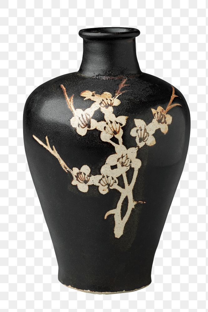 Black vase png floral pattern sticker, transparent background.    Remastered by rawpixel