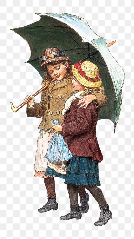 Png Two Girls Under an Umbrella on transparent background.   Remastered by rawpixel