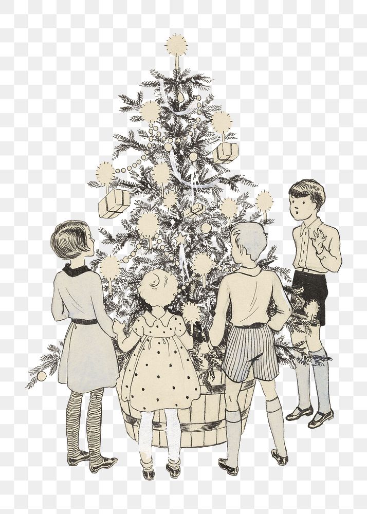 Kids png gathering around Christmas tree on transparent background.   Remastered by rawpixel