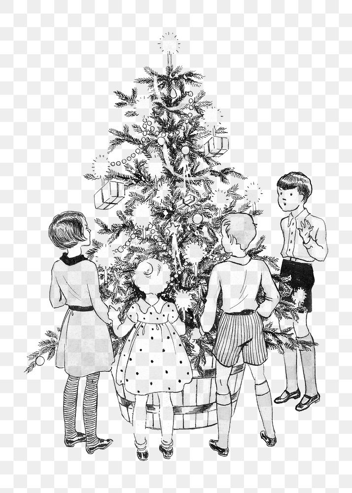 Kids png gathering around Christmas tree on transparent background.  Remastered by rawpixel