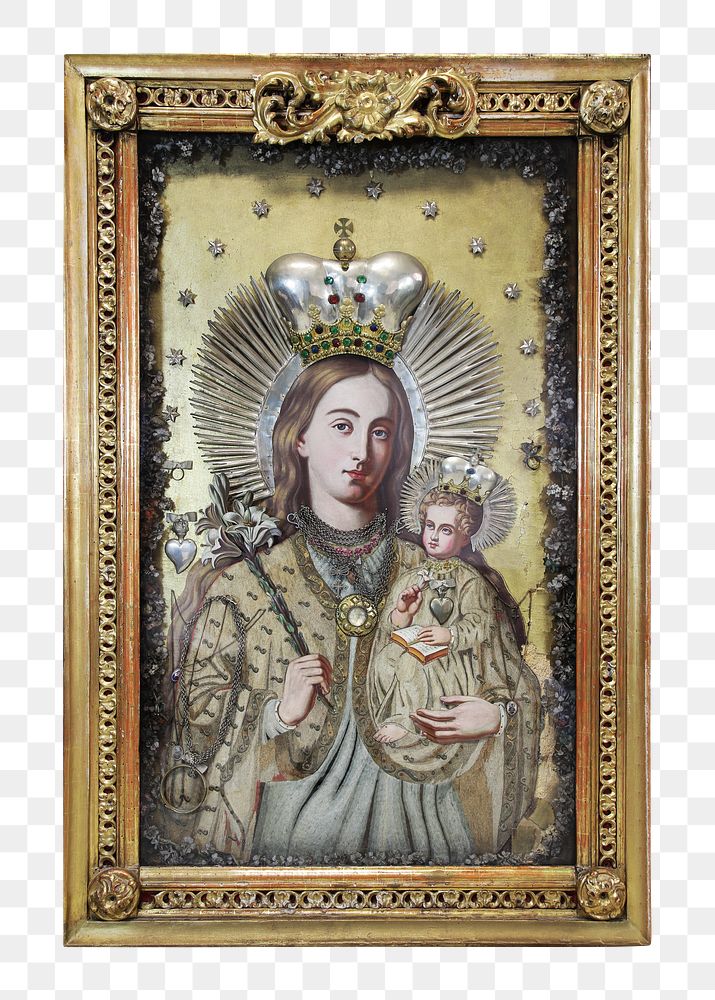 Framed png Madonna and Child painting, luxurious wall decor on transparent background, remixed by rawpixel.