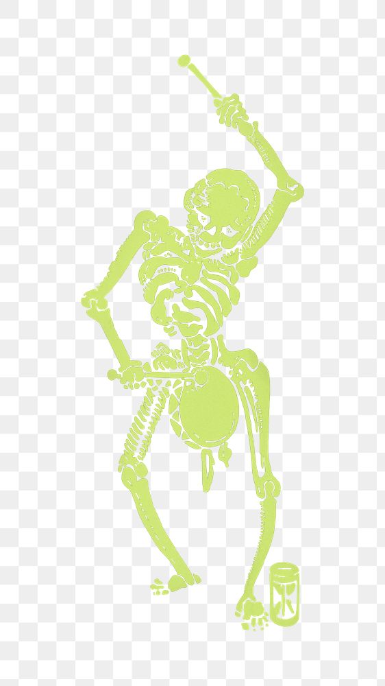 Green skeleton png playing drum sticker, transparent background.  Remixed by rawpixel.