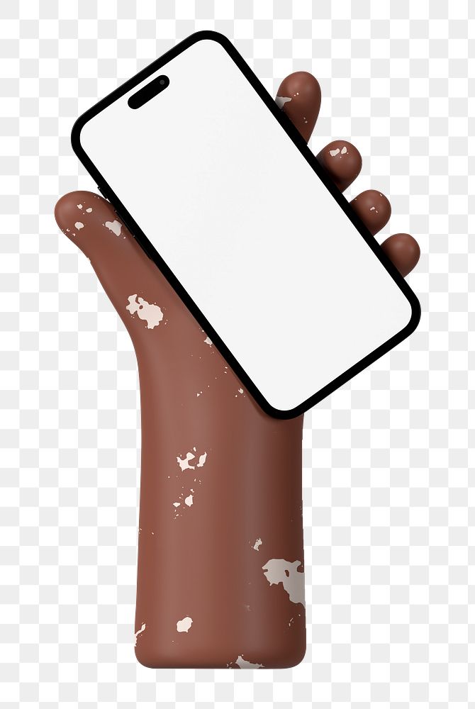 Vitiligo hand  png holding smartphone, blank screen, transparent background