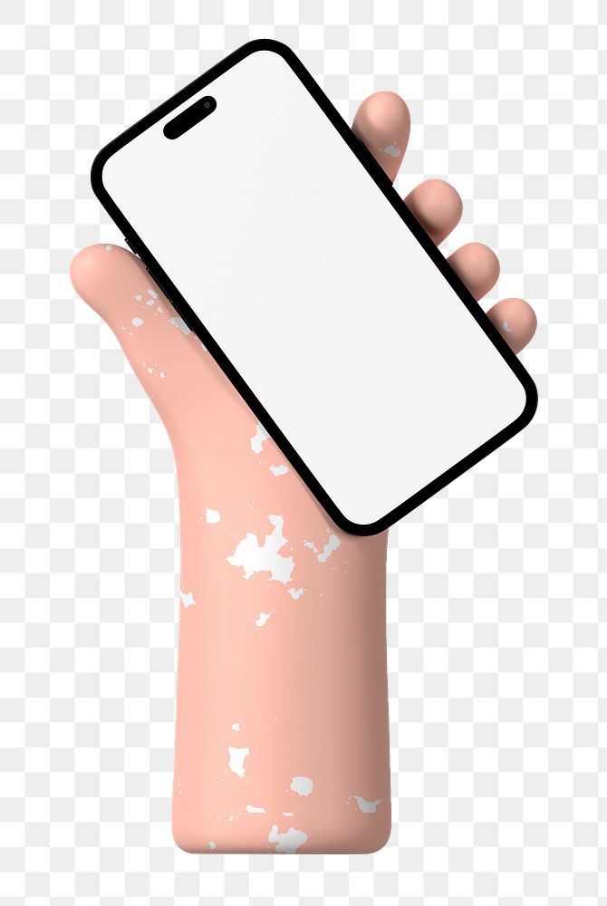 Vitiligo hand  png holding smartphone, blank screen, transparent background