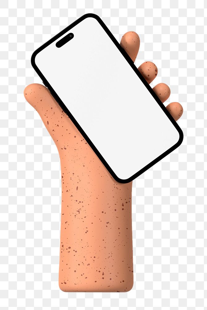 Freckled hand png holding smartphone, blank screen, transparent background