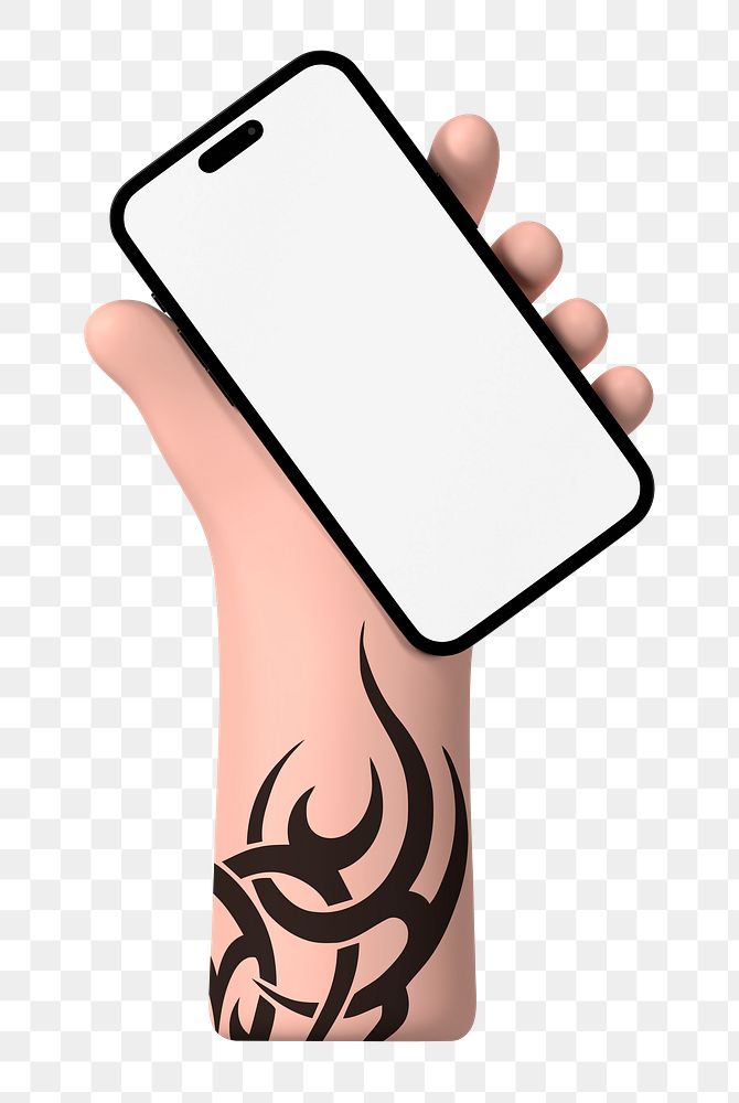 Hand holding smartphone png, blank screen in 3D design, transparent background