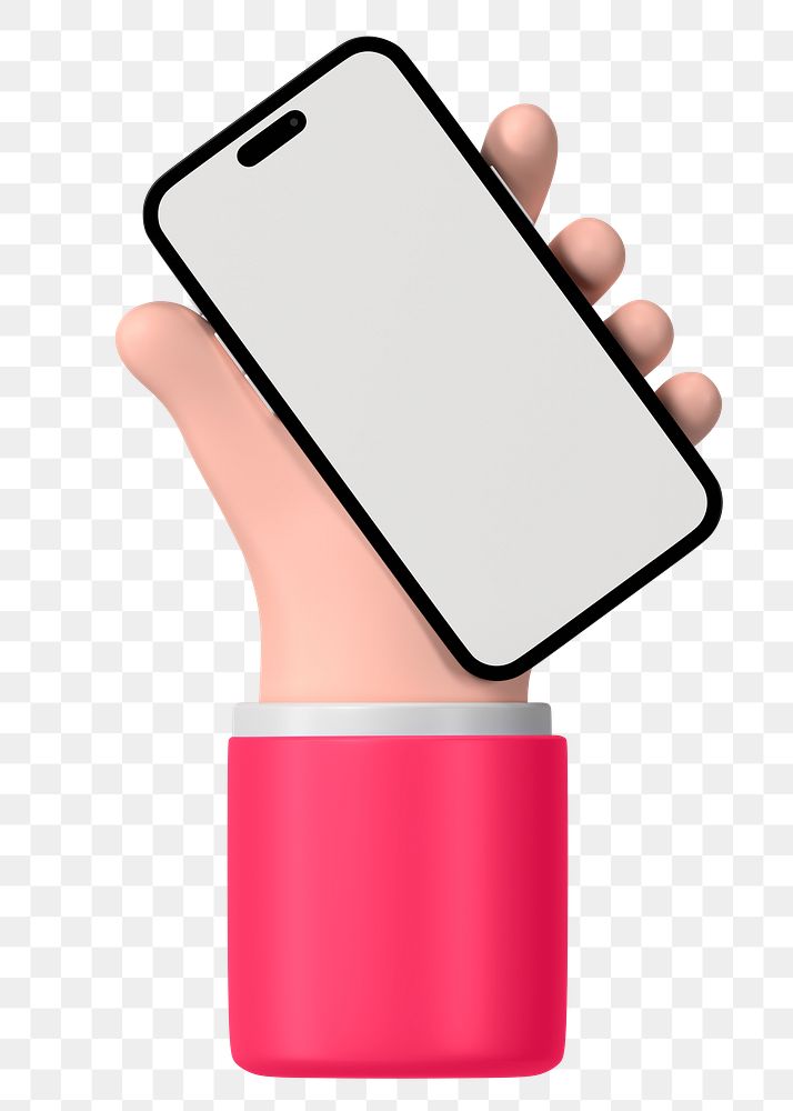 Hand holding smartphone png, blank screen in 3D design, transparent background