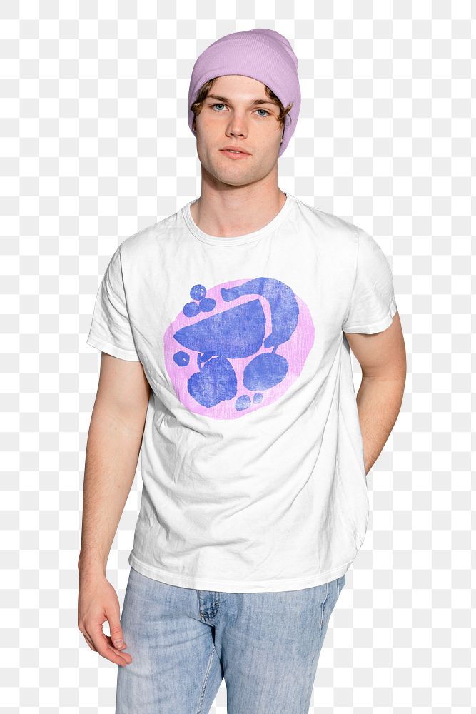Man png wearing fruit doodle t-shirt, transparent background