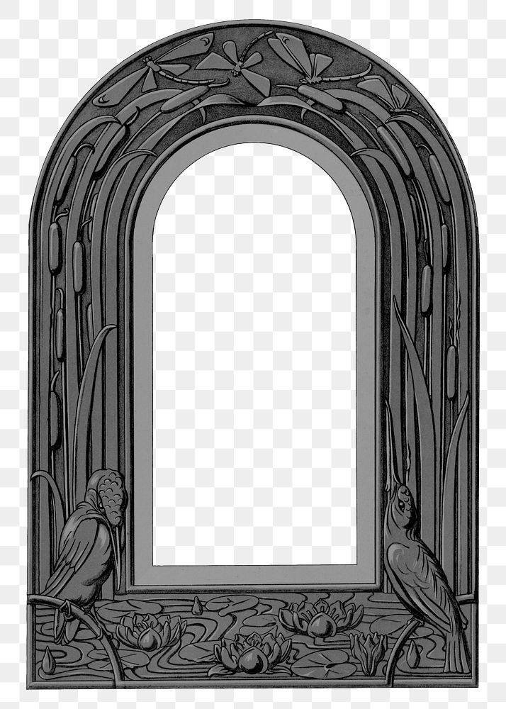 Carved wood png frame, vintage arch shape on transparent background