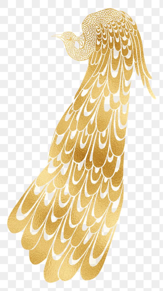 Bradley's peacock png gold bird art nouveau sticker, transparent background, remixed by rawpixel