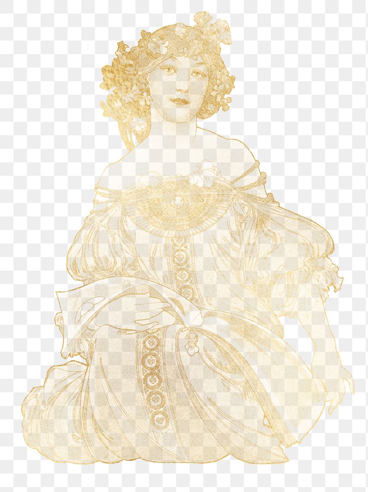 Alphonse Mucha's png gold vintage woman sticker, art nouveau illustration on transparent background, remixed by rawpixel