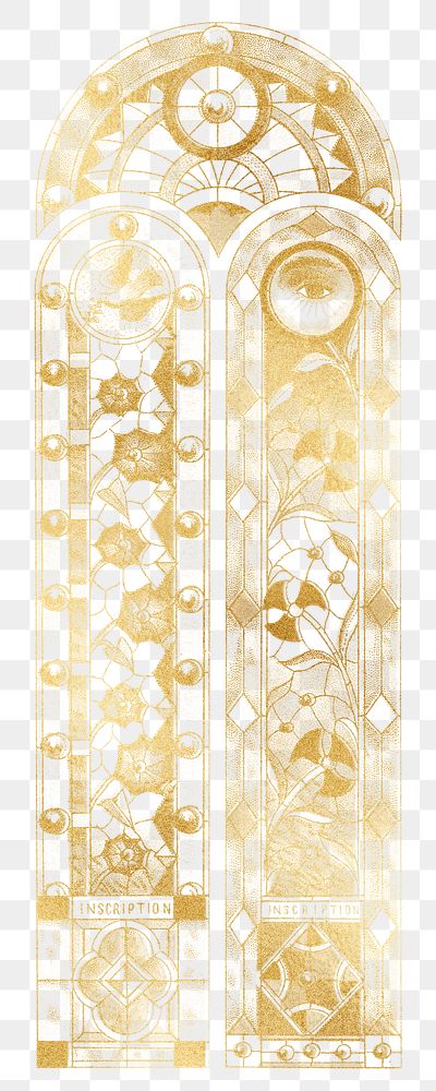 Gold church's png stained glass sticker, vintage illustration, transparent background