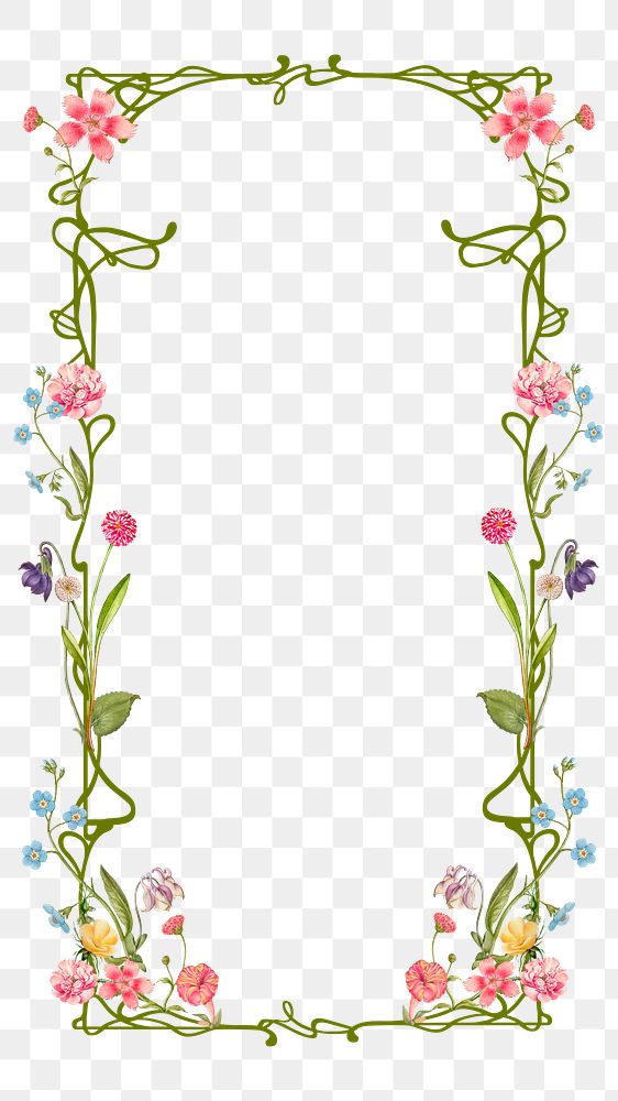 Aesthetic flower png frame, ornamental art nouveau, transparent background, remixed by rawpixel