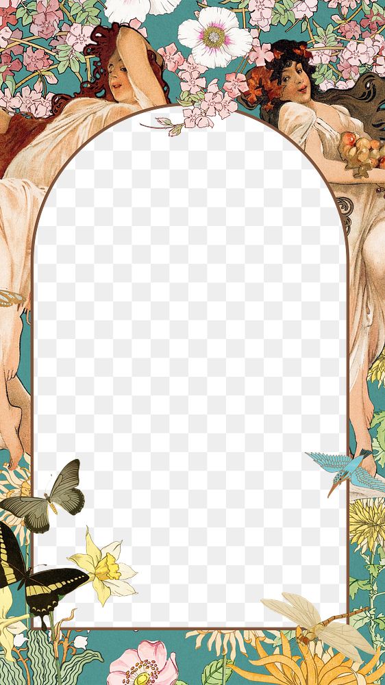 Alphonse Mucha's png arch frame, vintage flower woman, transparent background, remixed by rawpixel