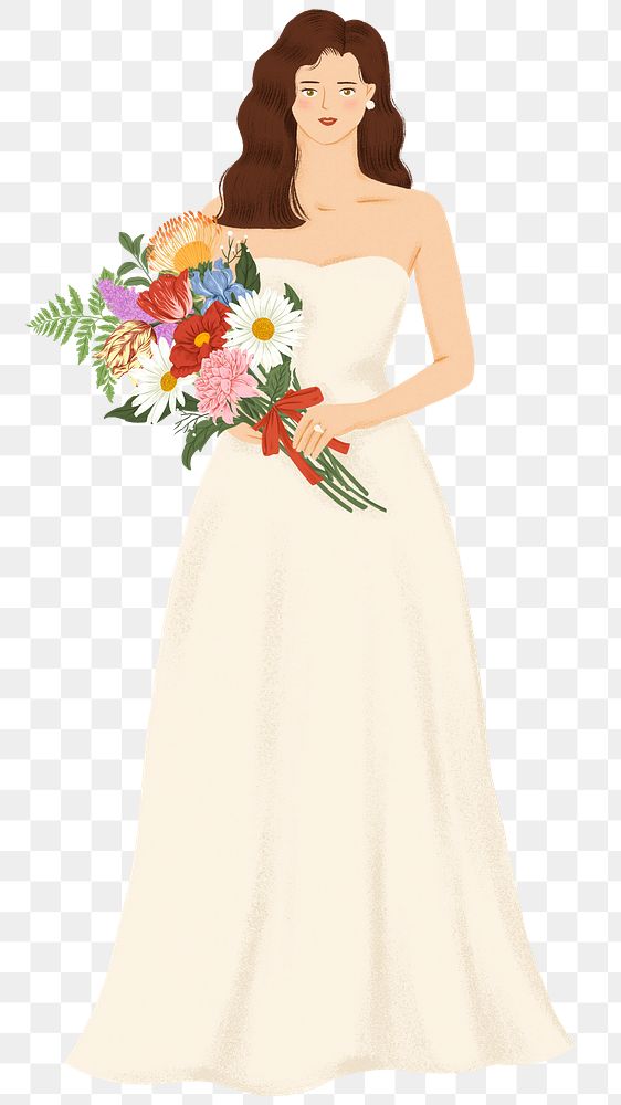 Bride png holding flower bouquet sticker, woman illustration, transparent background