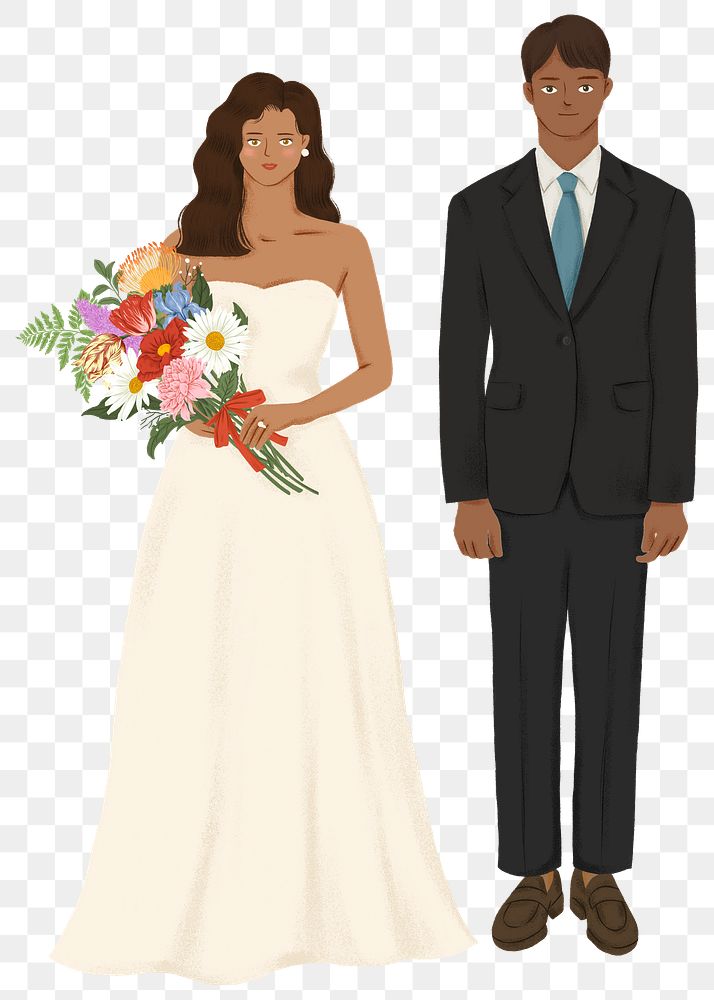 Black bride png groom sticker, wedding illustration, transparent background