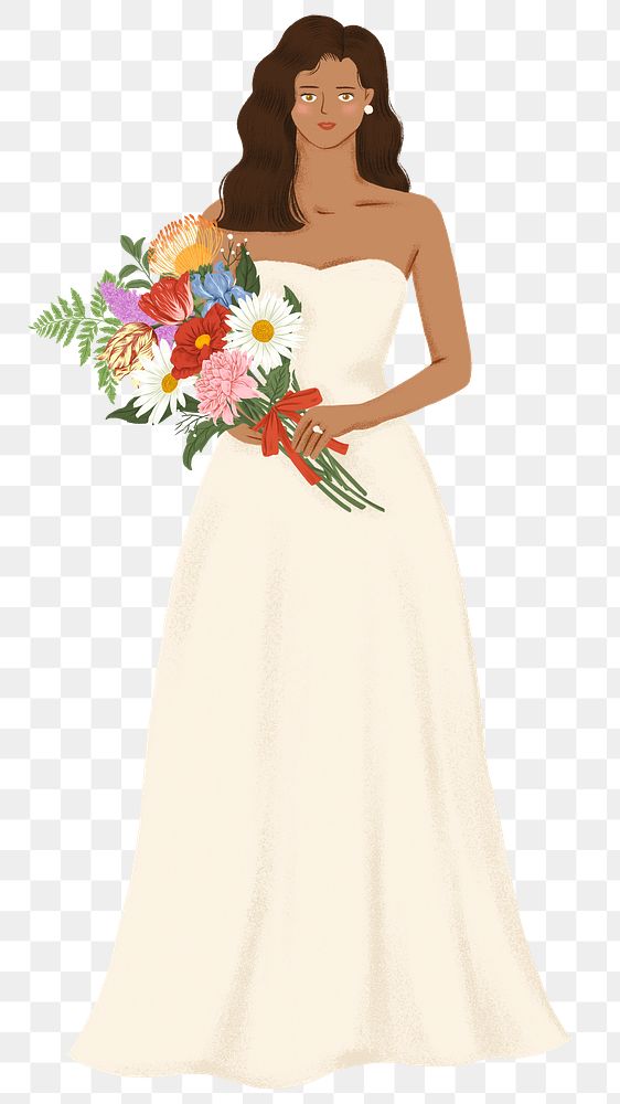 Bride png holding flower bouquet sticker, black woman illustration, transparent background