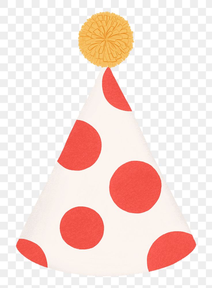 Polka dotted png cone hat sticker, red party decor, transparent background