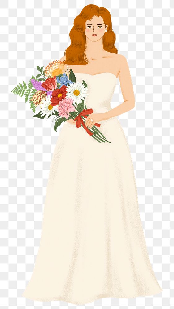 Bride png holding flower bouquet sticker, ginger woman illustration, transparent background