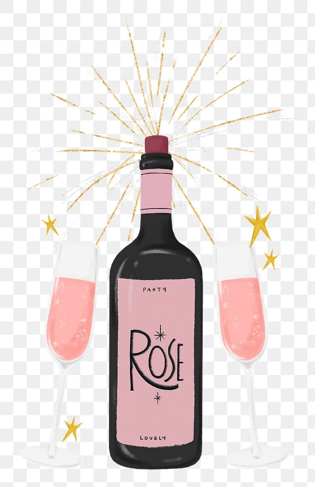 Pink champagne bottle png sticker, glasses, celebration drinks, transparent background