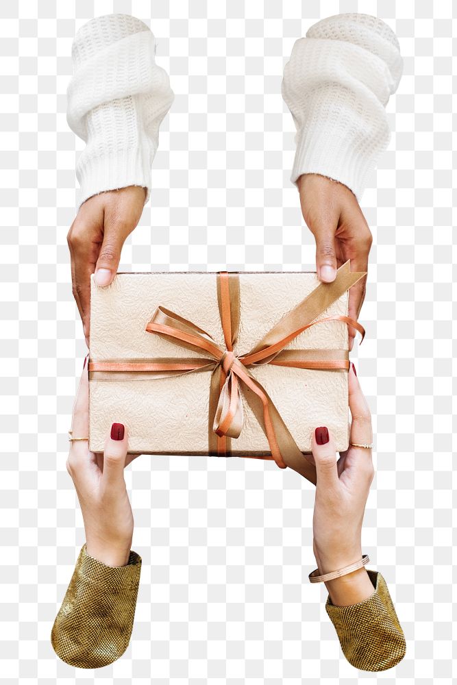 Giving png Christmas present, happy holidays gift exchange in transparent background