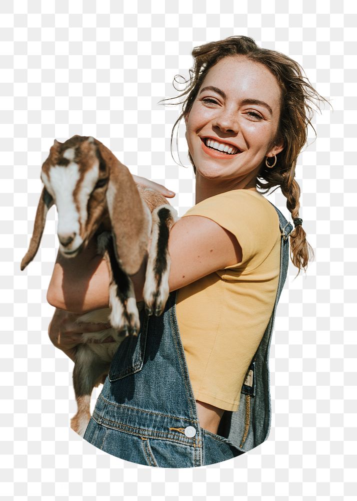 Woman holding baby goat png sticker, transparent background