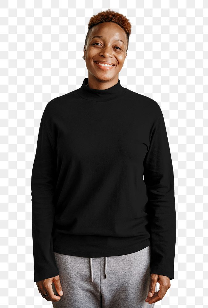 Woman png black sweater sticker, blank design space, transparent background