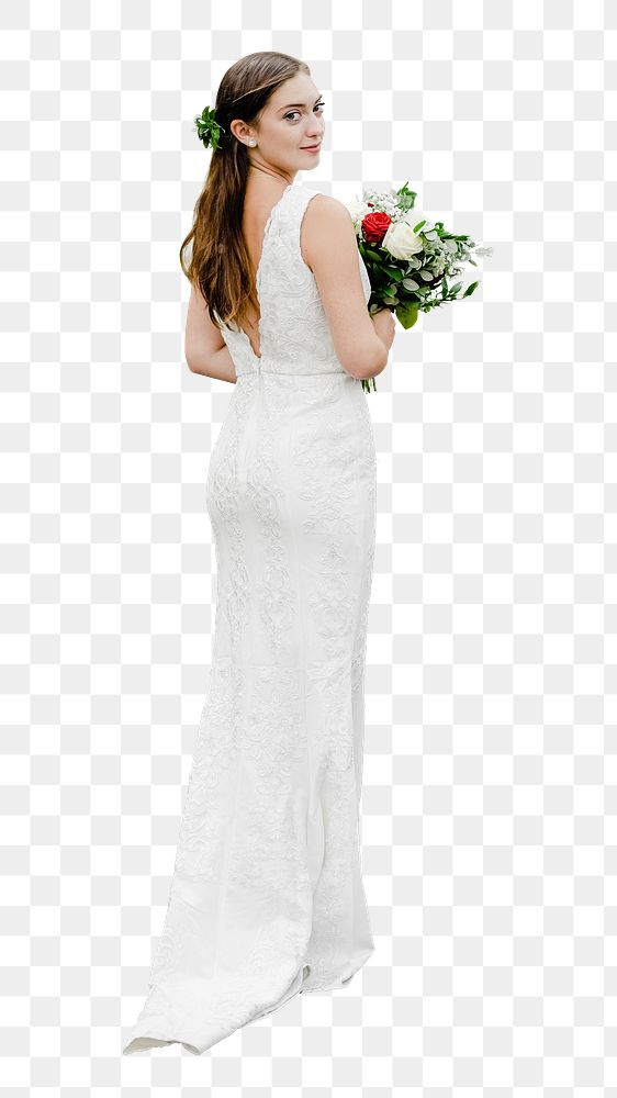 Beautiful bride png standing with a bouquet of flowers in transparent background