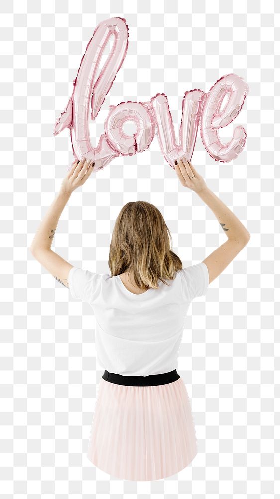 PNG love, woman holding balloon letters in transparent background