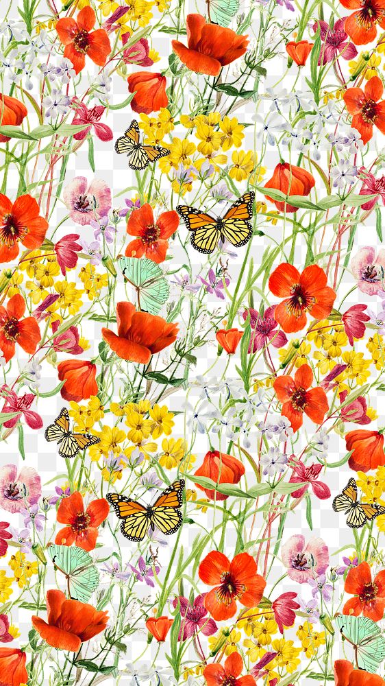 Spring pattern png vintage butterfly & flower sticker, painting by Pierre Joseph Redouté on transparent background. Remixed…