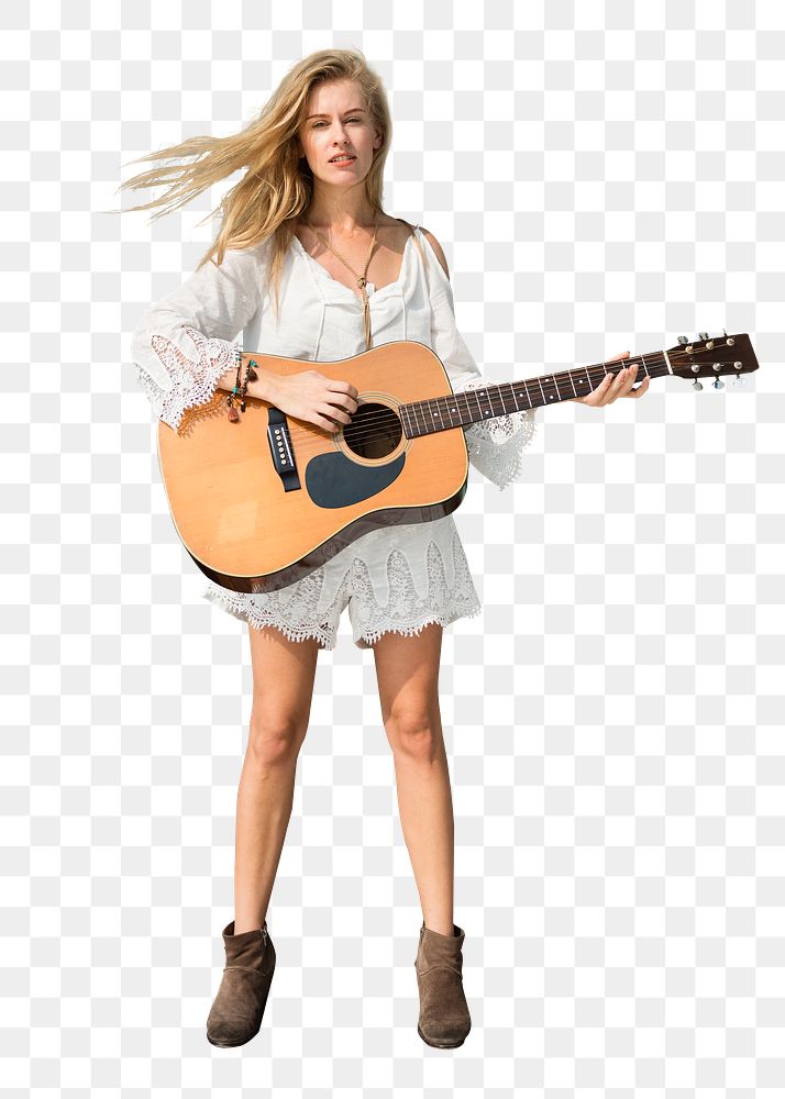 Png girl playing guitar sticker, transparent background