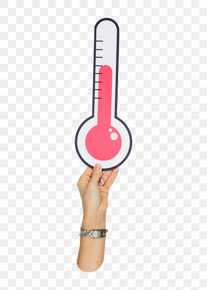 Png hand holding paper thermometer sticker isolated image, transparent background